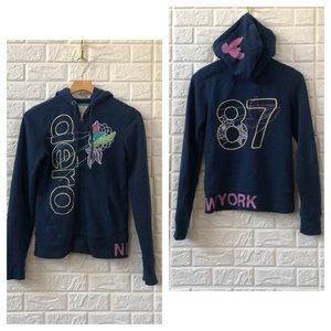 Aero New York 87 floral bird teal hoodie zip up jacket women's size M
